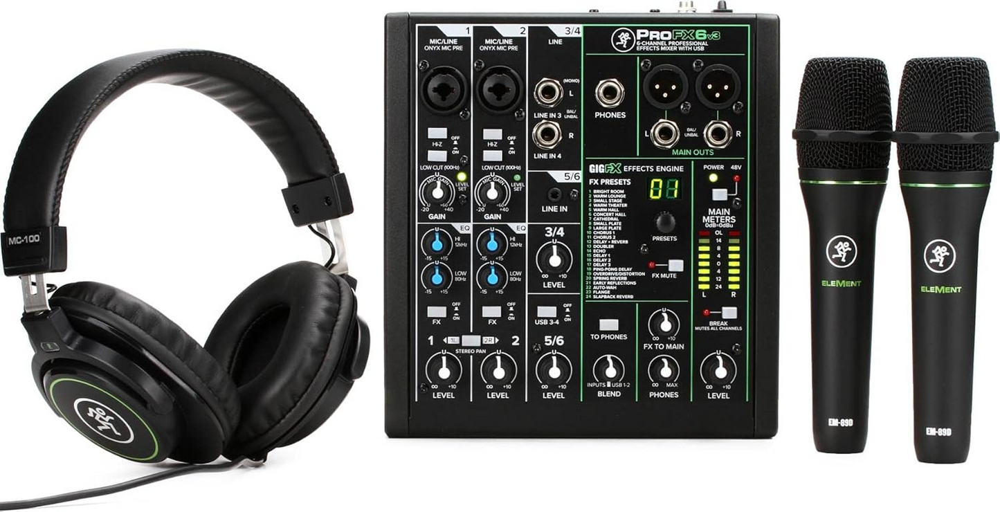 Mackie Performance Bundle With PROFX6V3 Effects Mixer With USB Two EM-89D Dynamic Mics and MC-100 Headphones