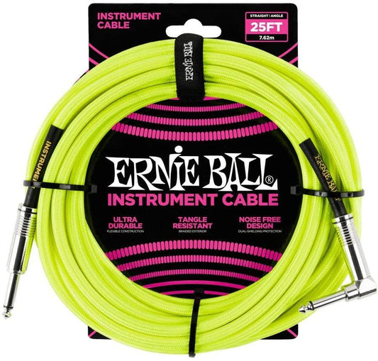 Ernie Ball Braided Straight R to Angle Instrument Cable 25 foot in Neon Yellow