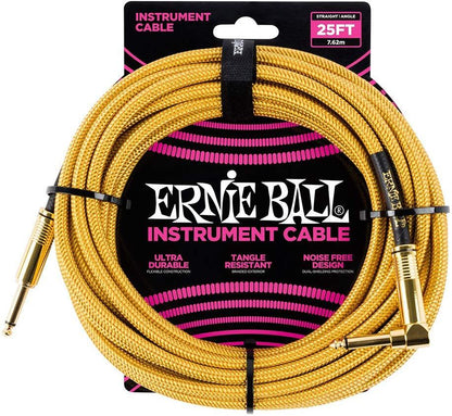 Ernie Ball Braided Straight to Angle Instrument Cable 25 foot in Gold