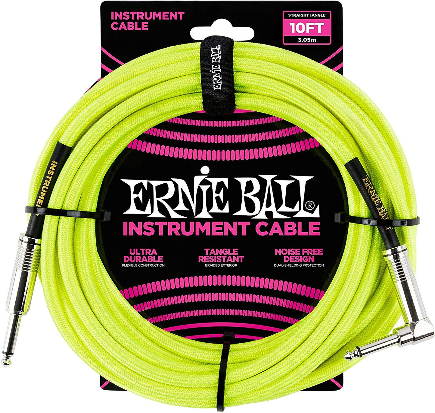 Ernie Ball Braided Straight to Angle Instrument Cable 10 foot in Neon Yellow