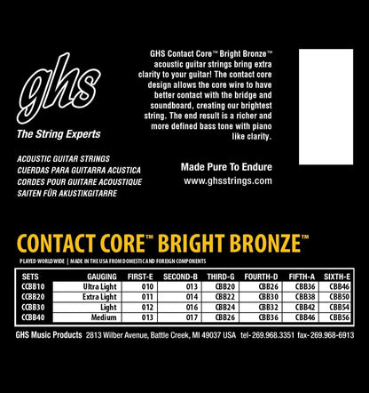GHS CCBB40 Contact Core Bright Bronze Acoustic Guitar Strings 13-56 Gauge