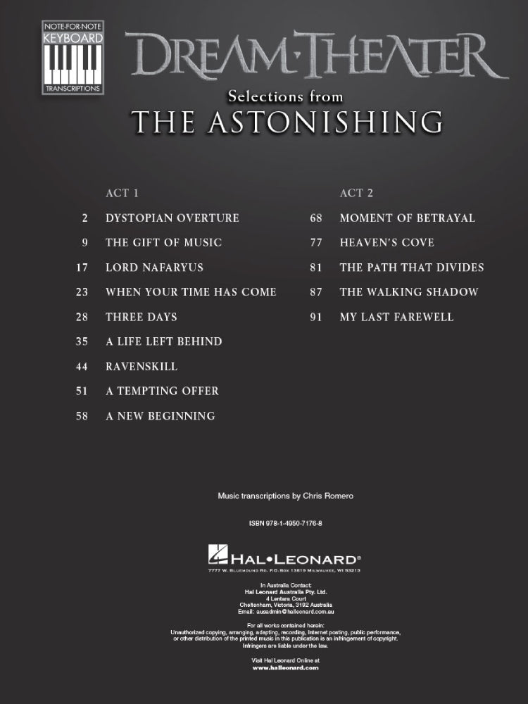 Dream Theater Selections from The Astonishing Note for Note Keyboard Transcriptions
