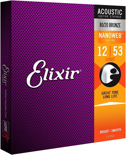 Elixir 11052 Nanoweb 80/20 Acoustic Guitar Strings Light 12-53 Gauge