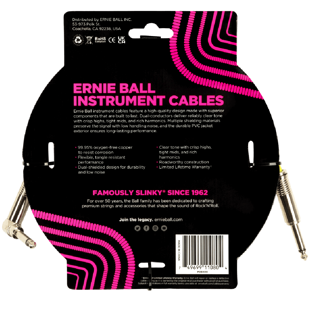 Ernie Ball 15ft PVC Straight to Angle Instrument Cable in White