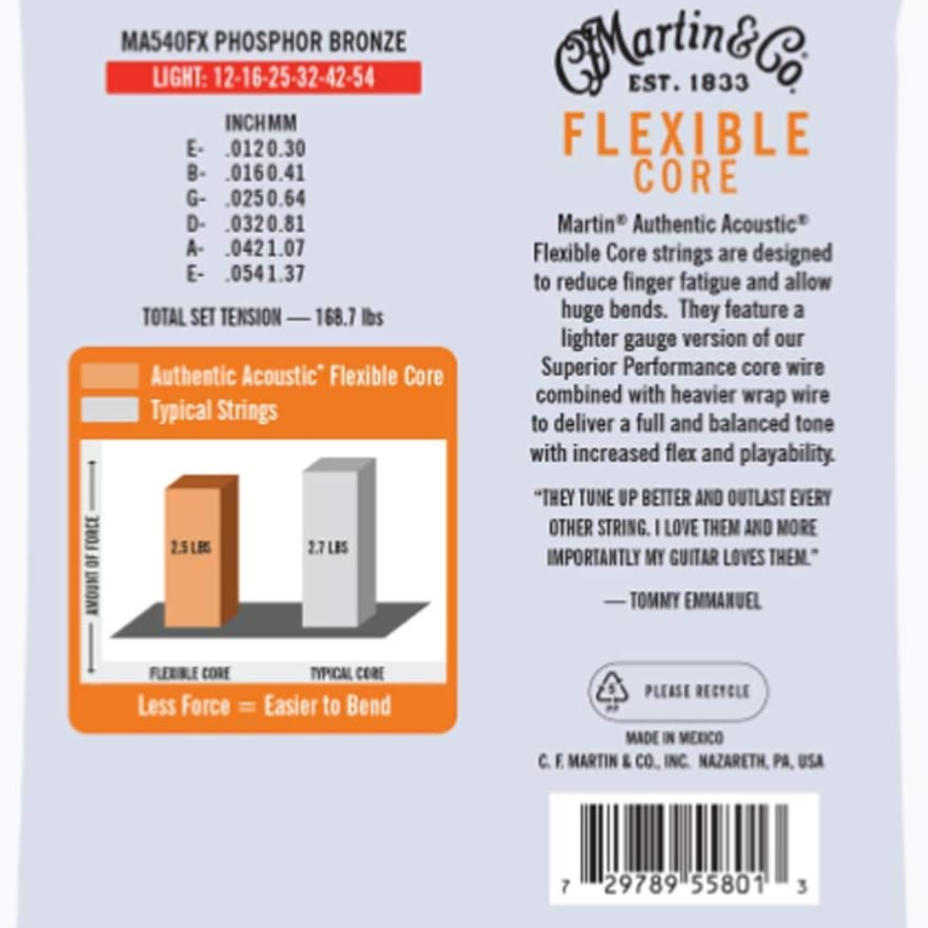 Martin Phosphor Bronze Authentic Flexible Core Light Acoustic Strings 12-54 Gauge