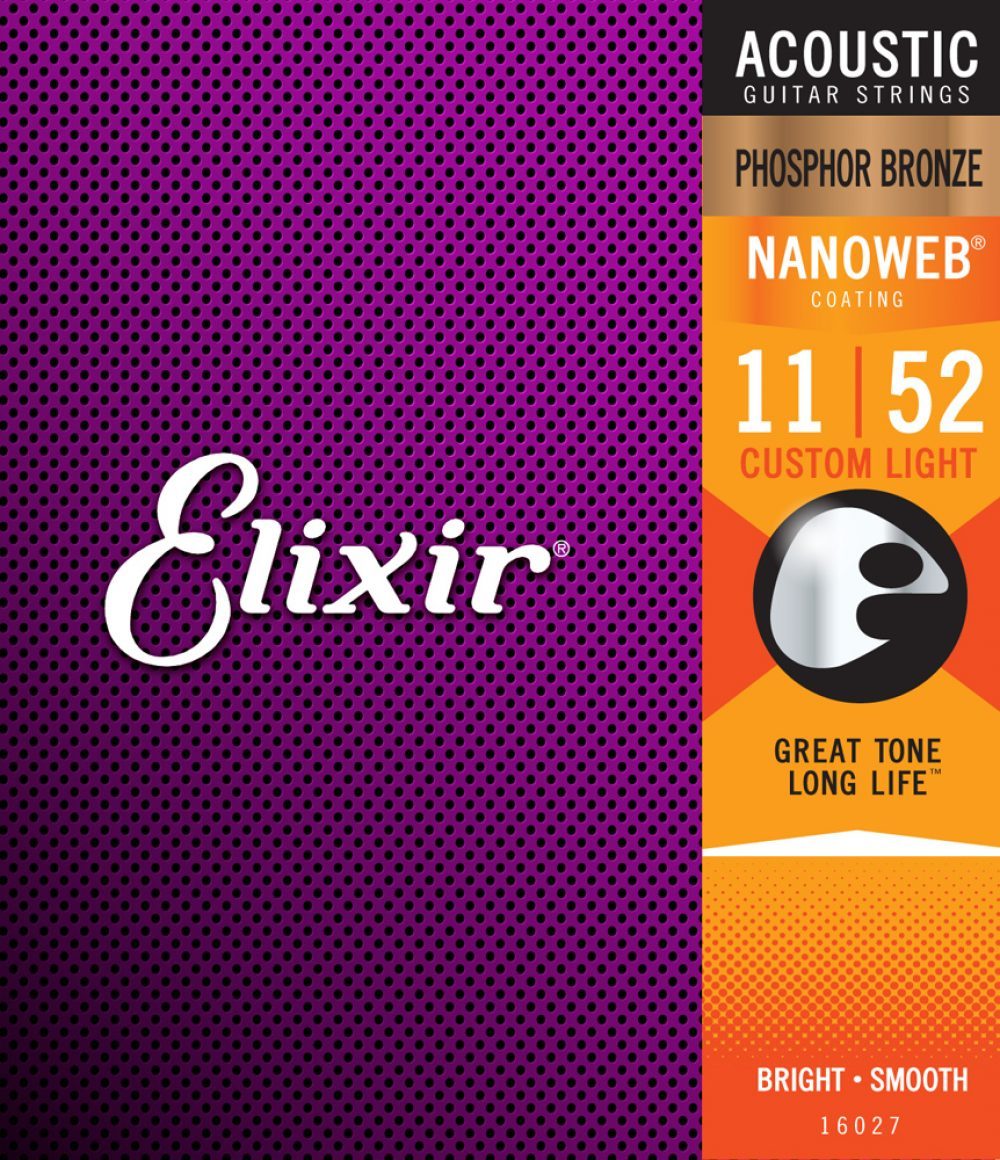 Elixir 11027 Nanoweb 80/20 Bronze  Acoustic Guitar Strings Custom Light 11-52 Gauge