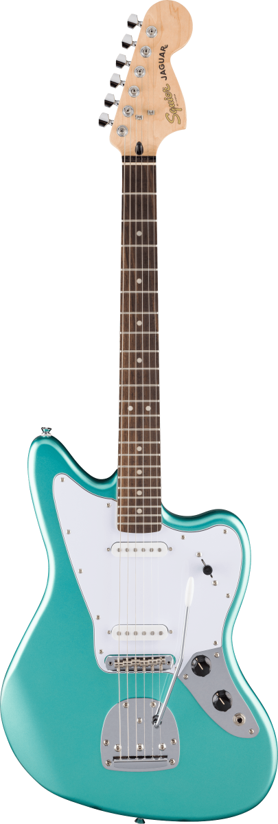 Squier FSR Affinity Series Jaguar, Laurel Fingerboard, White Pickguard in Mystic Surf Green