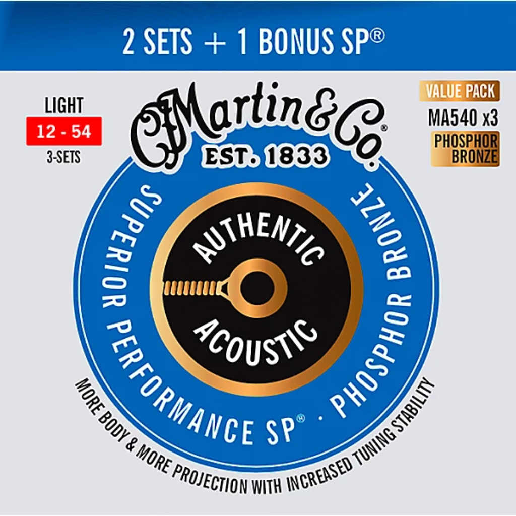 Martin Authentic Phosphor Bronze Acoustic SP Guitar Strings Value Pack 3 Sets 12-54 Gauge