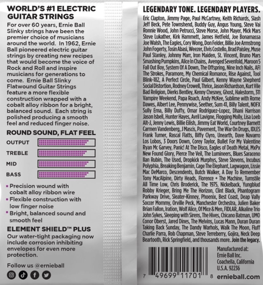 Ernie Ball Power Slinky Flatwound Electric Guitar Strings 11-48 Gauge