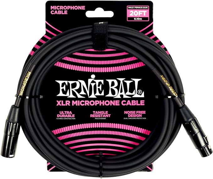 Ernie Ball 20ft Male Female XLR Microphone Cable in Black