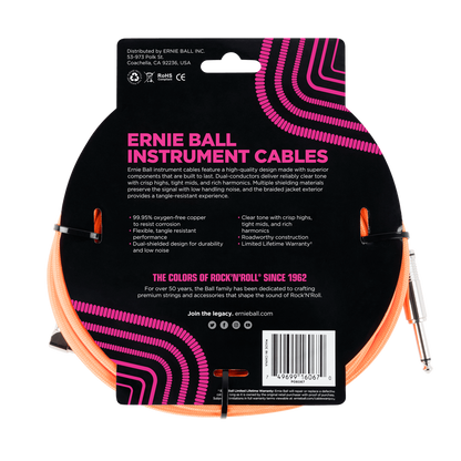 Ernie Ball Braided Straight to Angle Instrument Cable 25 foot in Neon Orange