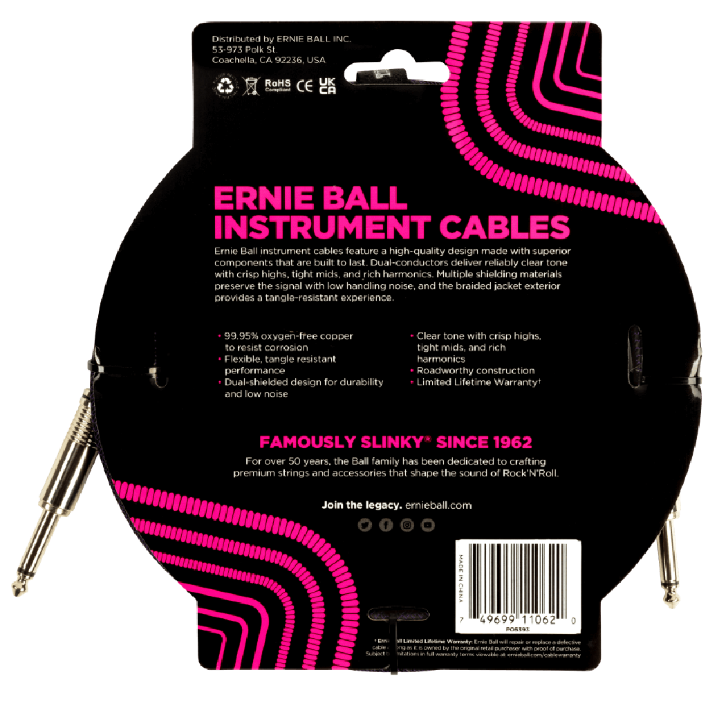 Ernie Ball 10ft Braided Straight to Straight Instrument Cable in Purple Black