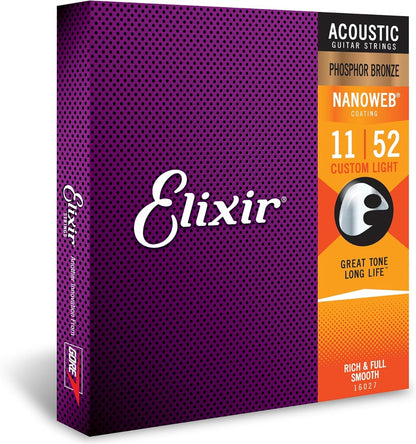 Elixir 16027 Nanoweb Phosphor Bronze Acoustic Guitar Strings Custom Light 11-52 Gauge