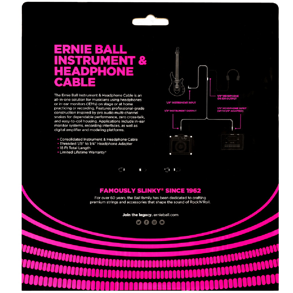 Ernie  Ball 18' Instrument & Headphone Cable in Black