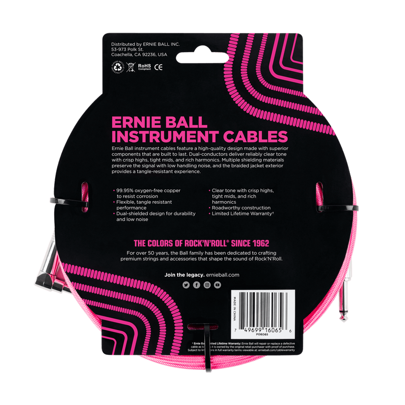 Ernie Ball Braided Straight R to Angle Instrument Cable 25 foot in Neon Pink