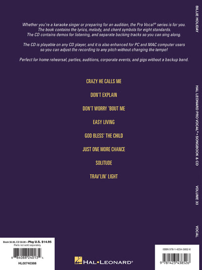 Billie Holiday Pro Vocal Women's Edition Volume 33 BK/CD