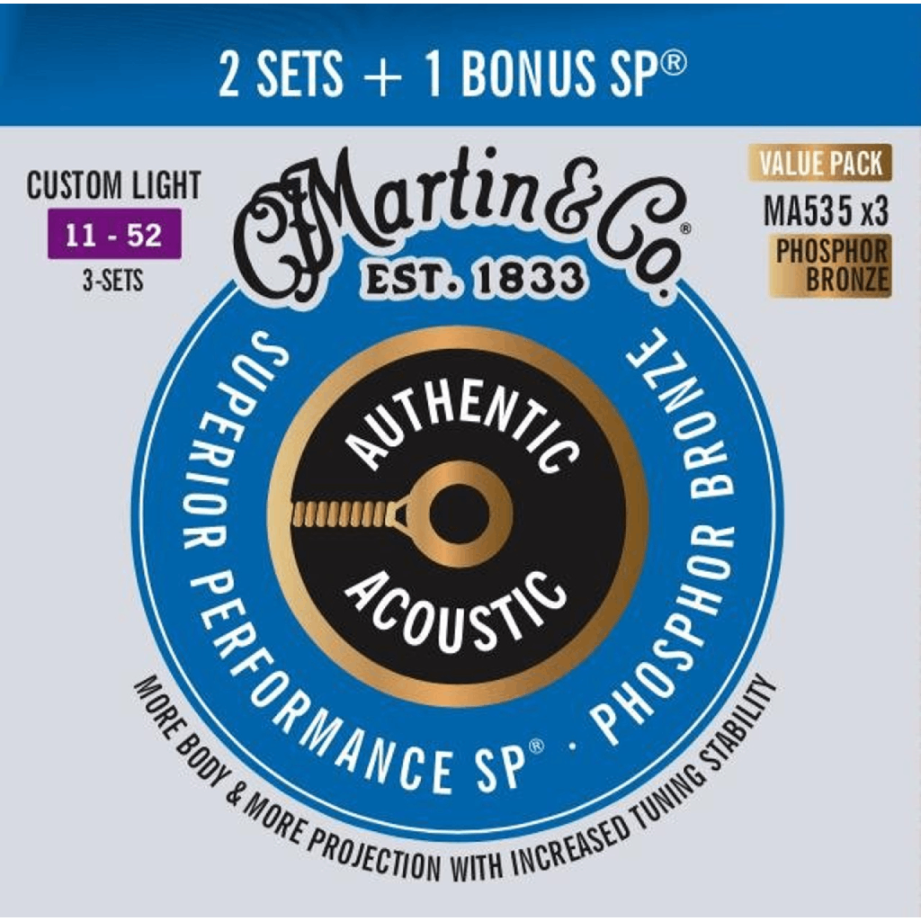 Martin Authentic Acoustic SP Phosphor Bronze Guitar Strings Value Pack 3 Sets 11-52 Gauge