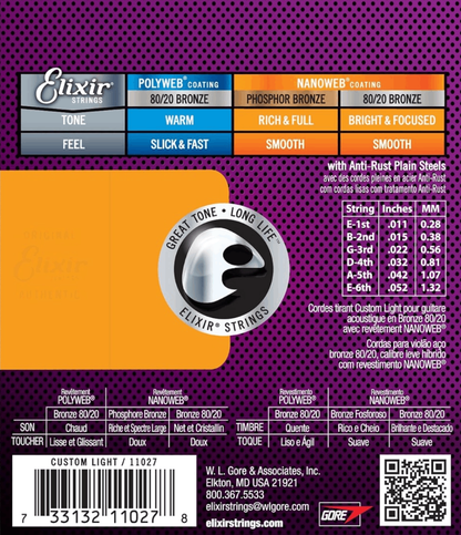 Elixir 11027 Nanoweb 80/20 Bronze  Acoustic Guitar Strings Custom Light 11-52 Gauge