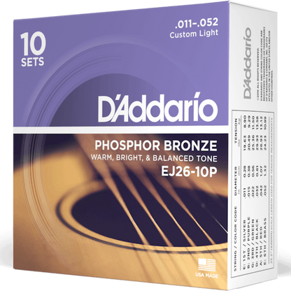 D'Addario EJ26 10P Phosphor Bronze 10 Sets Acoustic Guitar Strings Custom Light 11-52 Gauge