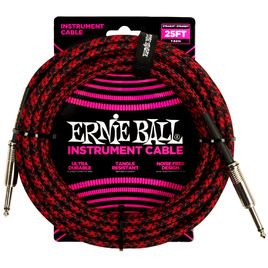 Ernie Ball 25ft Braided Straight to Straight Instrument Cable in Red Black