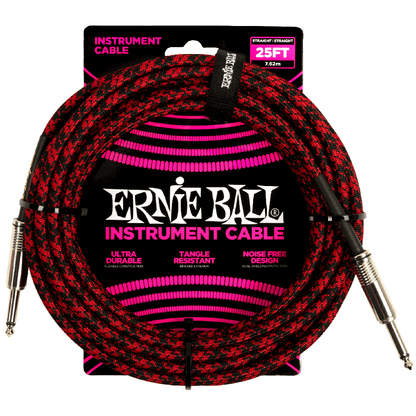 Ernie Ball 25ft Braided Straight to Straight Instrument Cable in Red Black