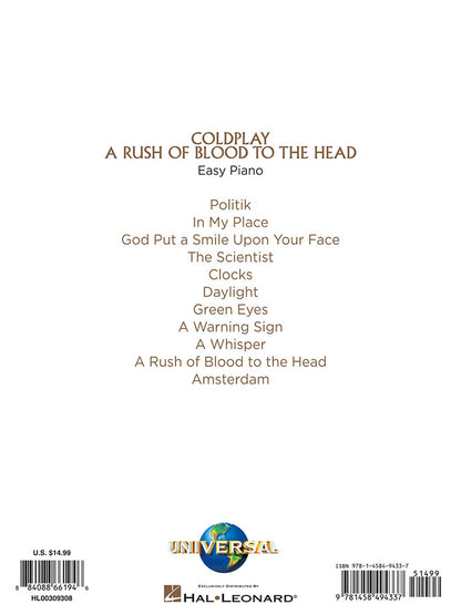 Coldplay A Rush Of Blood To The Head Easy Piano