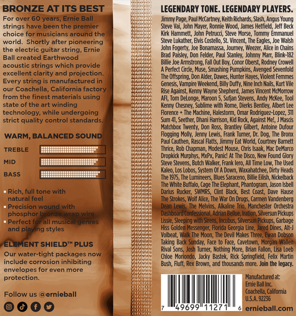 Ernie Ball Earthwood Custom Light Phosphor Bronze Acoustic Guitar Strings 3 Pk 11.5-54 Gauge