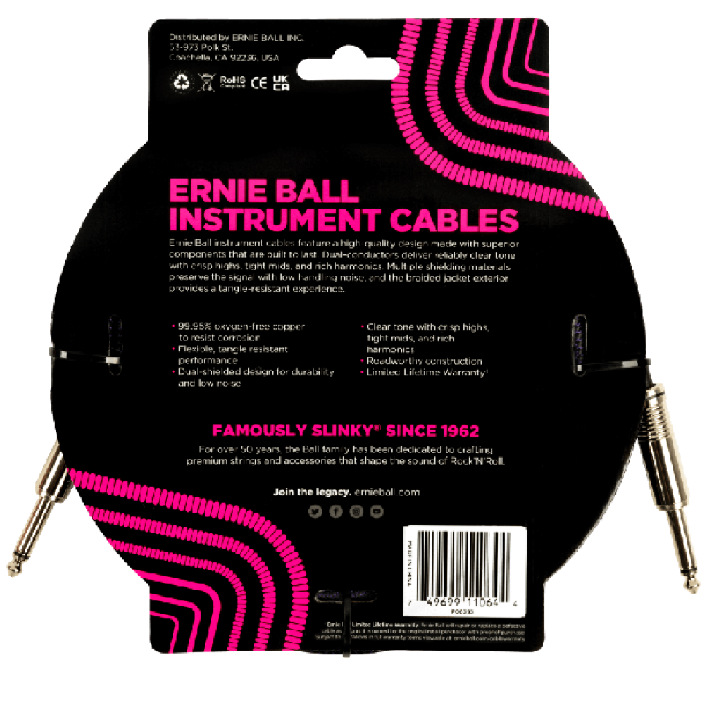Ernie Ball 18ft Braided Straight to Straight Instrument Cable in Purple Black
