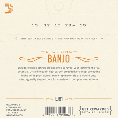 D'Addario EJ61 5 String Banjo Strings Nickel Medium 10-23