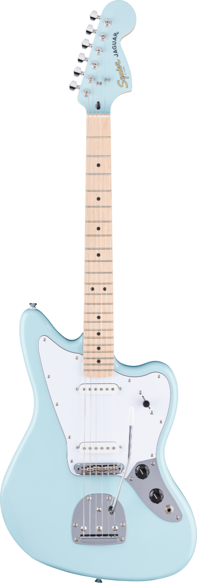 Squier FSR Affinity Series Jaguar, Maple Fingerboard, White Pickguard, Matching Headstock in Daphne Blue