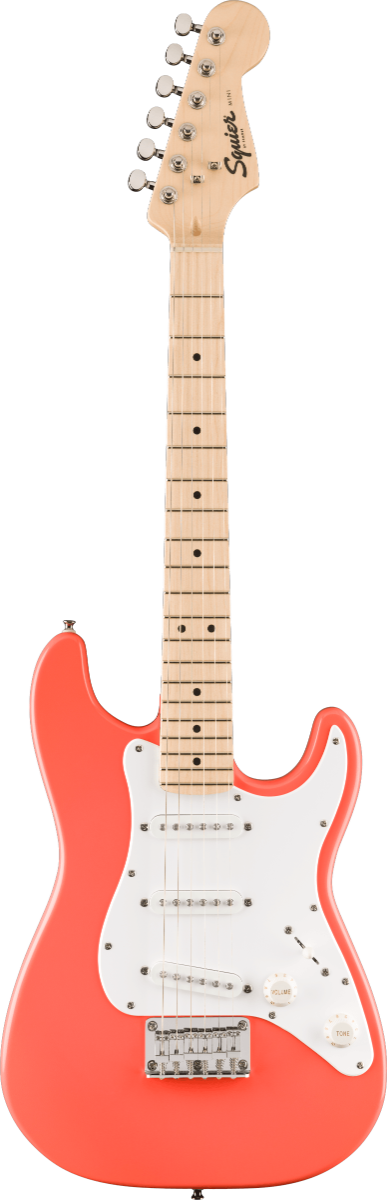Squier FSR Mini Stratocaster, Maple Fingerboard, White Pickguard in Tahitian Coral