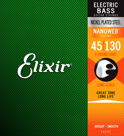 Elixir 14202 Bass Nano Nickel Plated Steel 5 String Lite 45-130 Gauge