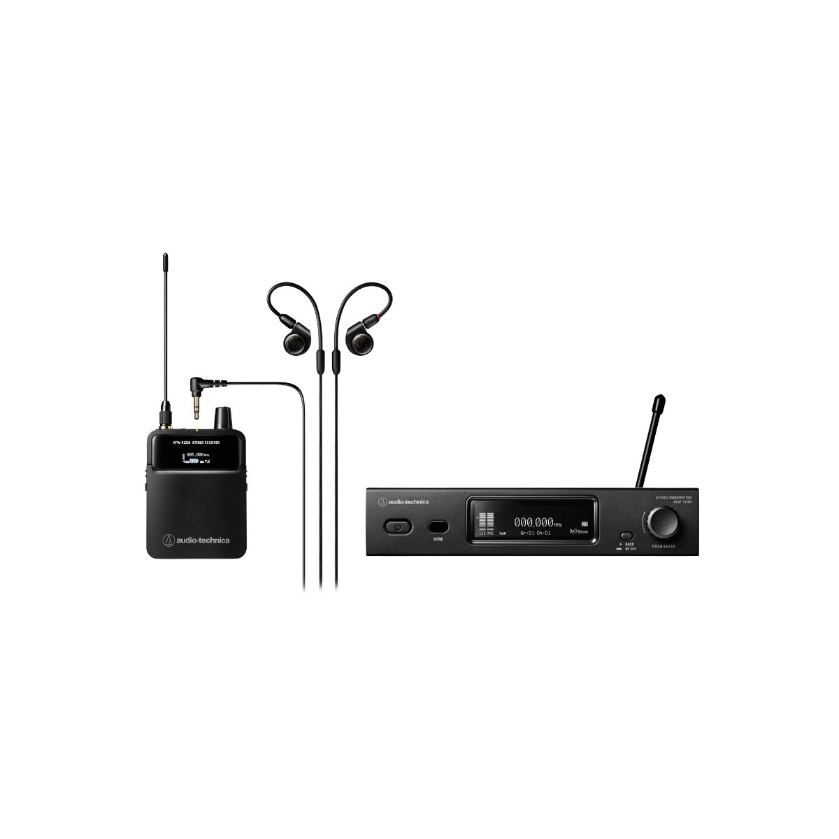 Audio-Technica 3000 Series Wireless In Ear Monitor System includes ATW-R3250 receiver + ATW-T3205 Transmitter + ATH-E40 professional in ear headphones
