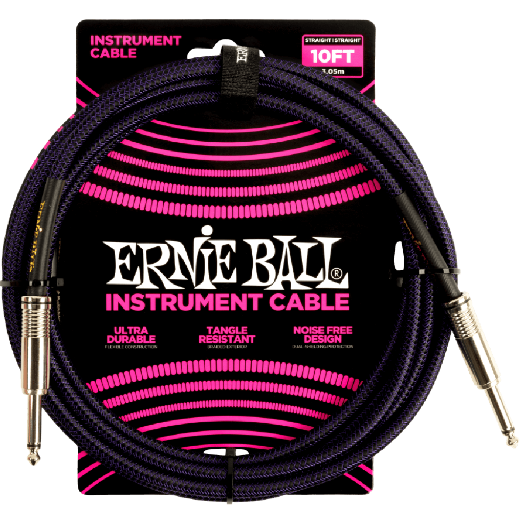 Ernie Ball 10ft Braided Straight to Straight Instrument Cable in Purple Black