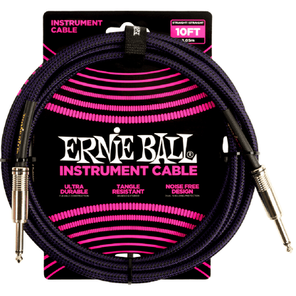 Ernie Ball 10ft Braided Straight to Straight Instrument Cable in Purple Black