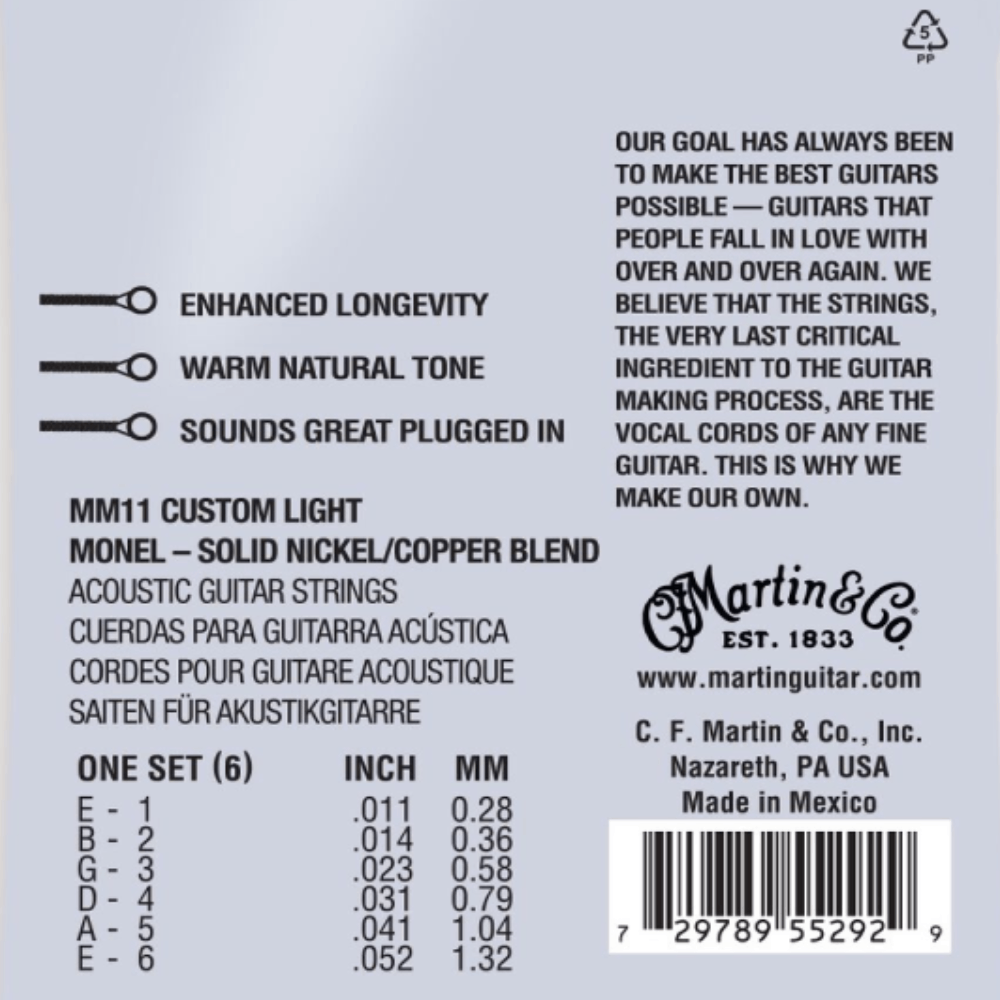Martin Strings MM11 Retro Acoustic Guitar Strings Custom Light 11-52 Gauge