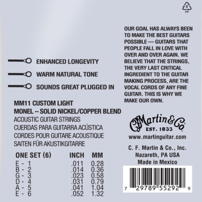 Martin Strings MM11 Retro Acoustic Guitar Strings Custom Light 11-52 Gauge