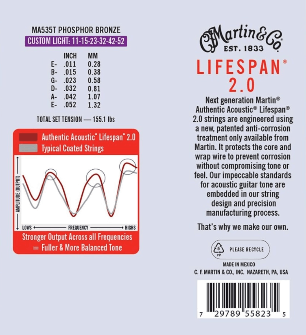 Martin Strings MA535 Authentic 92/8 Phosphor Bronze Acoustic Guitar Strings Custom Light 11-52 Gauge