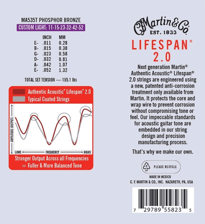 Martin Strings MA535 Authentic 92/8 Phosphor Bronze Acoustic Guitar Strings Custom Light 11-52 Gauge