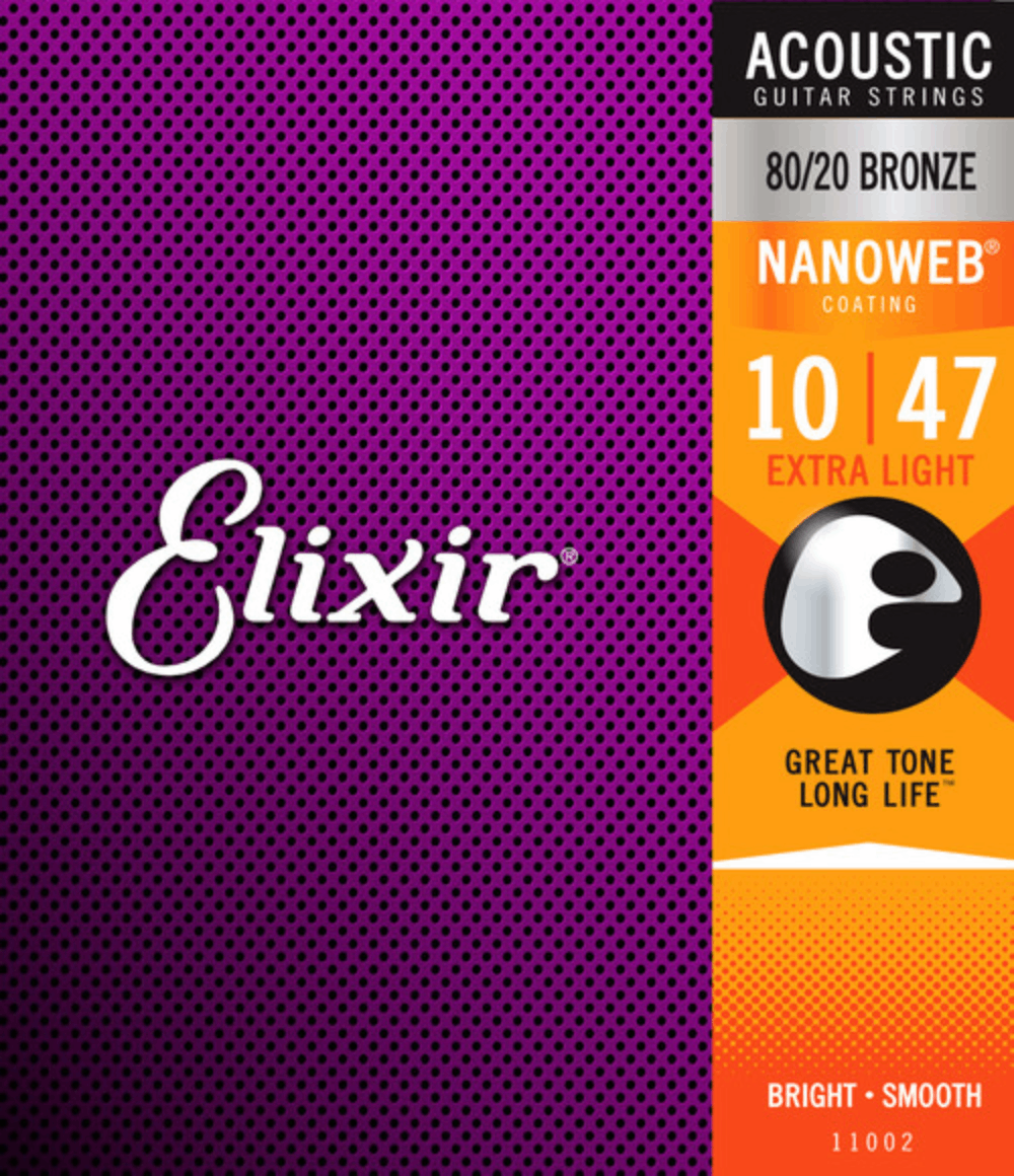 Elixir 11002 Nanoweb 80/20 Acoustic Guitar Strings Extra Light 10-47 Gauge