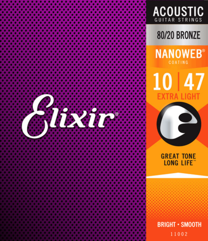 Elixir 11002 Nanoweb 80/20 Acoustic Guitar Strings Extra Light 10-47 Gauge