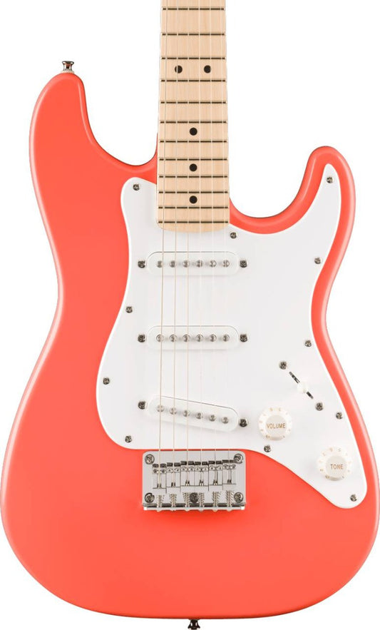 Squier FSR Mini Stratocaster, Maple Fingerboard, White Pickguard in Tahitian Coral