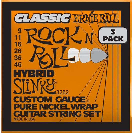 Ernie Ball Hybrid Slinky Classic Rock N Roll Pure Nickel Electric Guitar Strings 3 Pack 9-46 Gauge