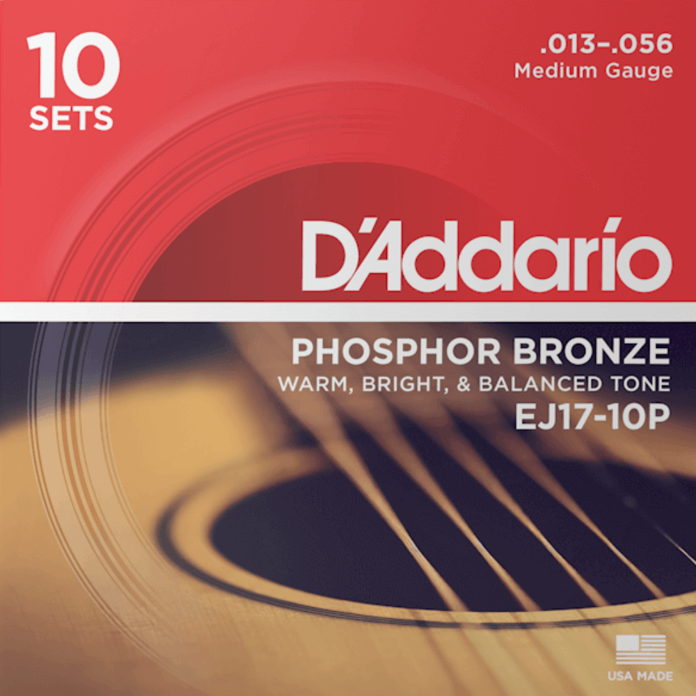 D'Addario EJ17 10P Phosphor Bronze 10 Sets Acoustic Guitar Strings Medium 13-56 Gauge