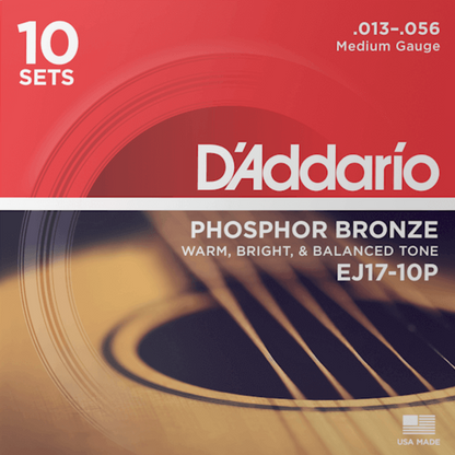 D'Addario EJ17 10P Phosphor Bronze 10 Sets Acoustic Guitar Strings Medium 13-56 Gauge