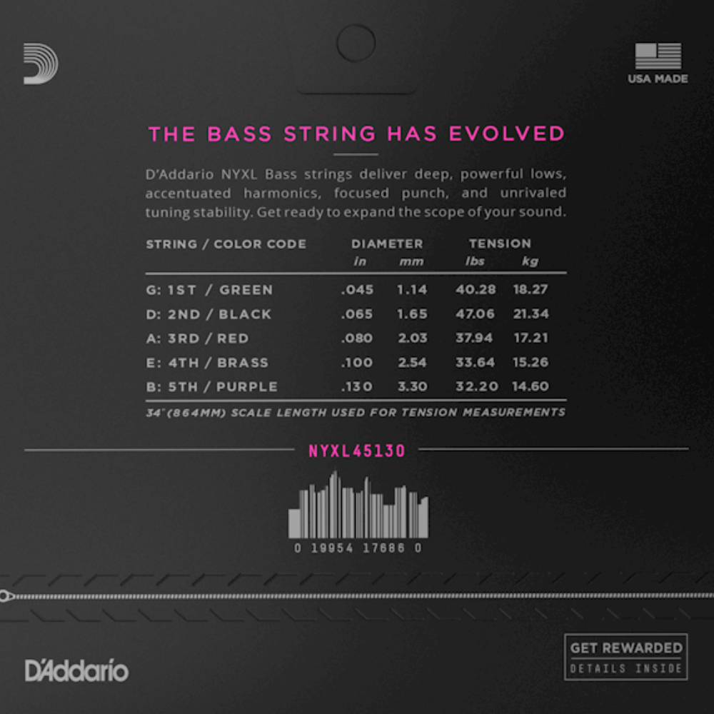 D'Addario NYXL45130 Nickel Wound Regular Light Long Scale 5-String Bass Strings 45-130 Gauge