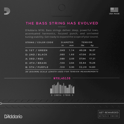 D'Addario NYXL45130 Nickel Wound Regular Light Long Scale 5-String Bass Strings 45-130 Gauge