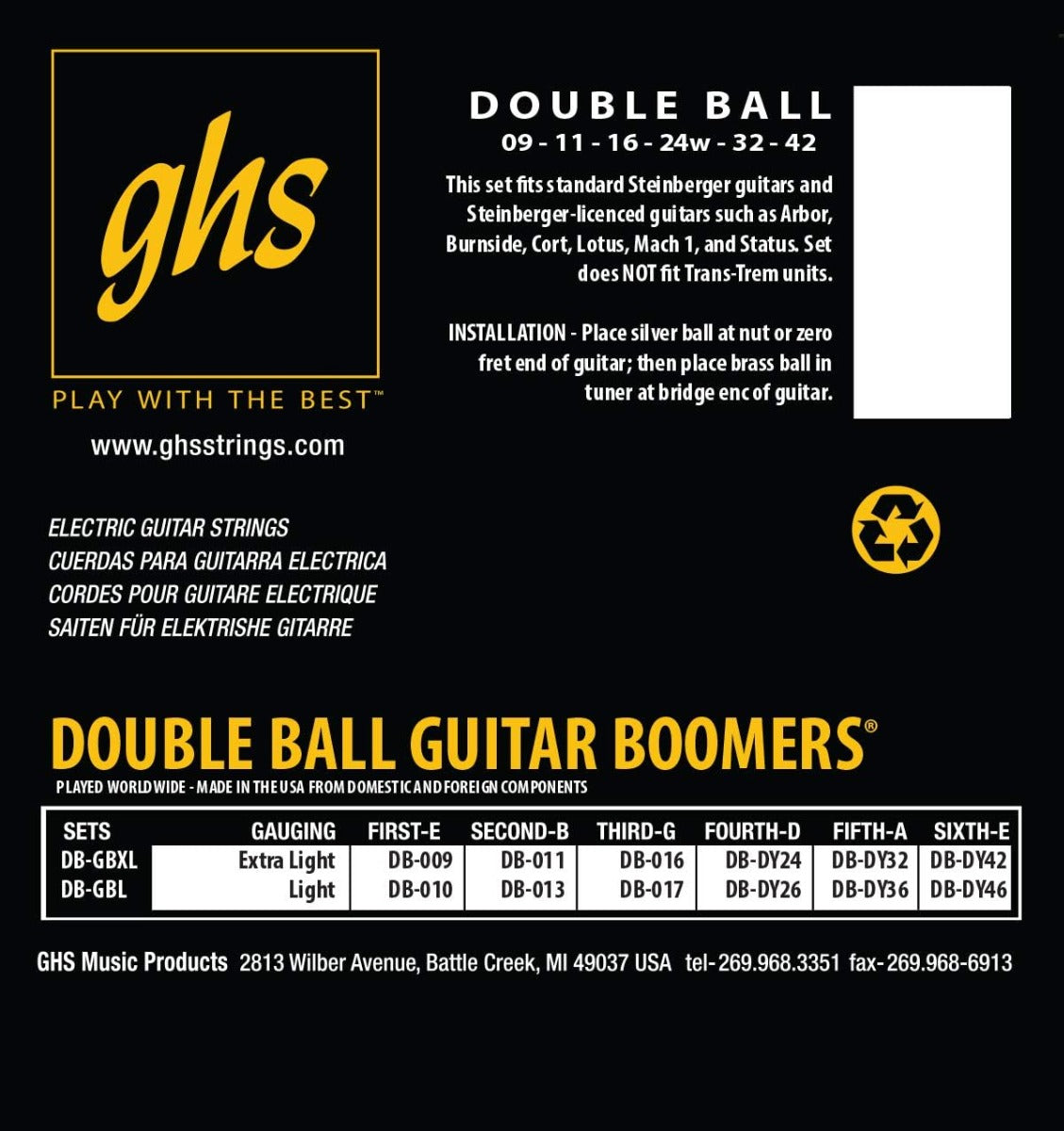 GHS DB GBXL Double Ball End Electric Guitar Strings 9-42 Gauge