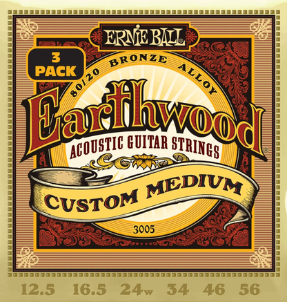 Ernie Ball Earthwood Custom Medium 80/20 Bronze Acoustic Guitar Strings 3 Pk 12.5-56 Gauge