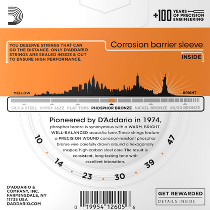 D'Addario EJ15 3D Phosphor Bronze 3 Sets Acoustic Guitar Strings Extra Light 10-47 Gauge